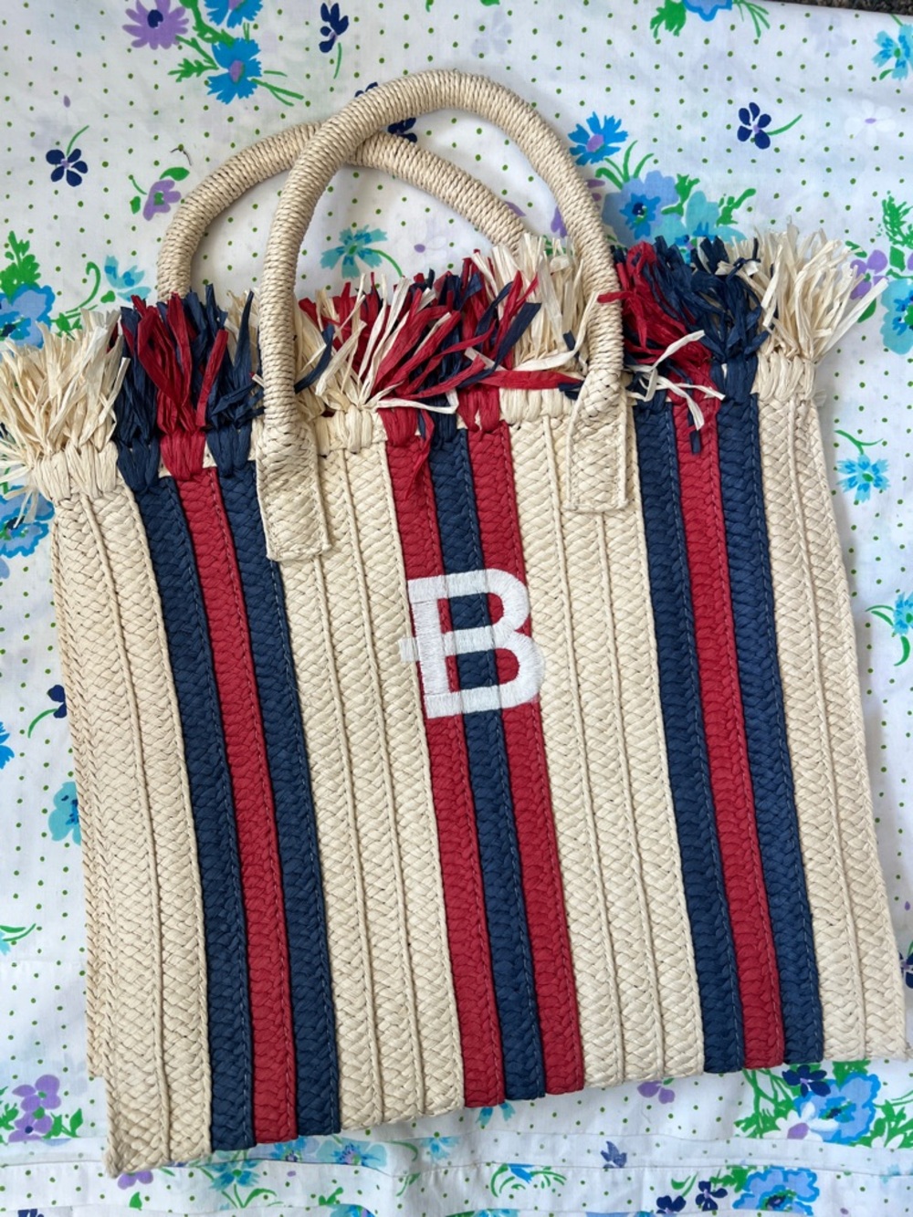 Mark and Graham Fringe Top Tote Natural Navy Red Woven Straw NWOT - B